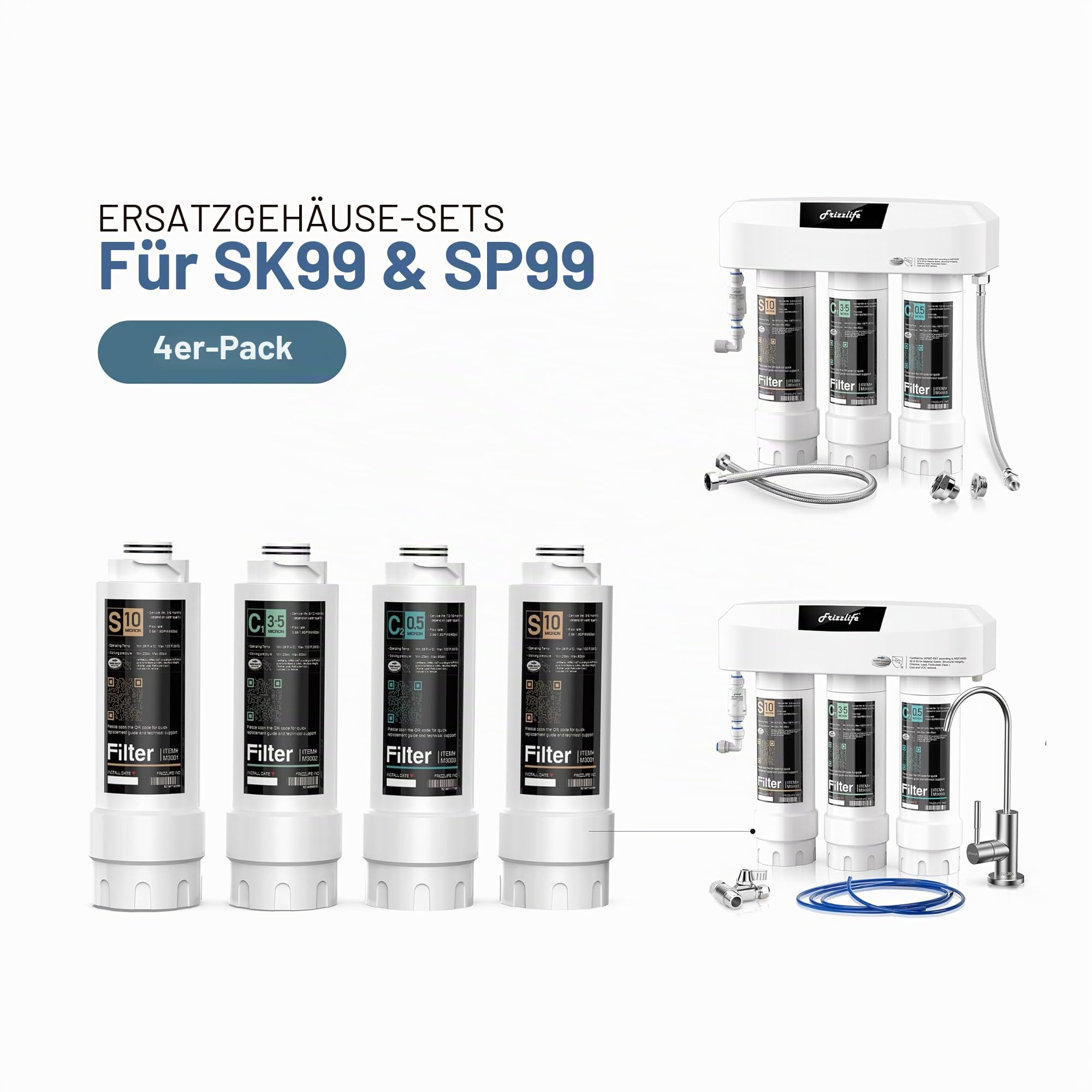 Frizzlife SKP-HF Ersatz-Gehäusesets (4er-Pack) mit Filterkartuschen im Inneren für SK99 und SP99 Wasserfiltersystem unter der Spüle