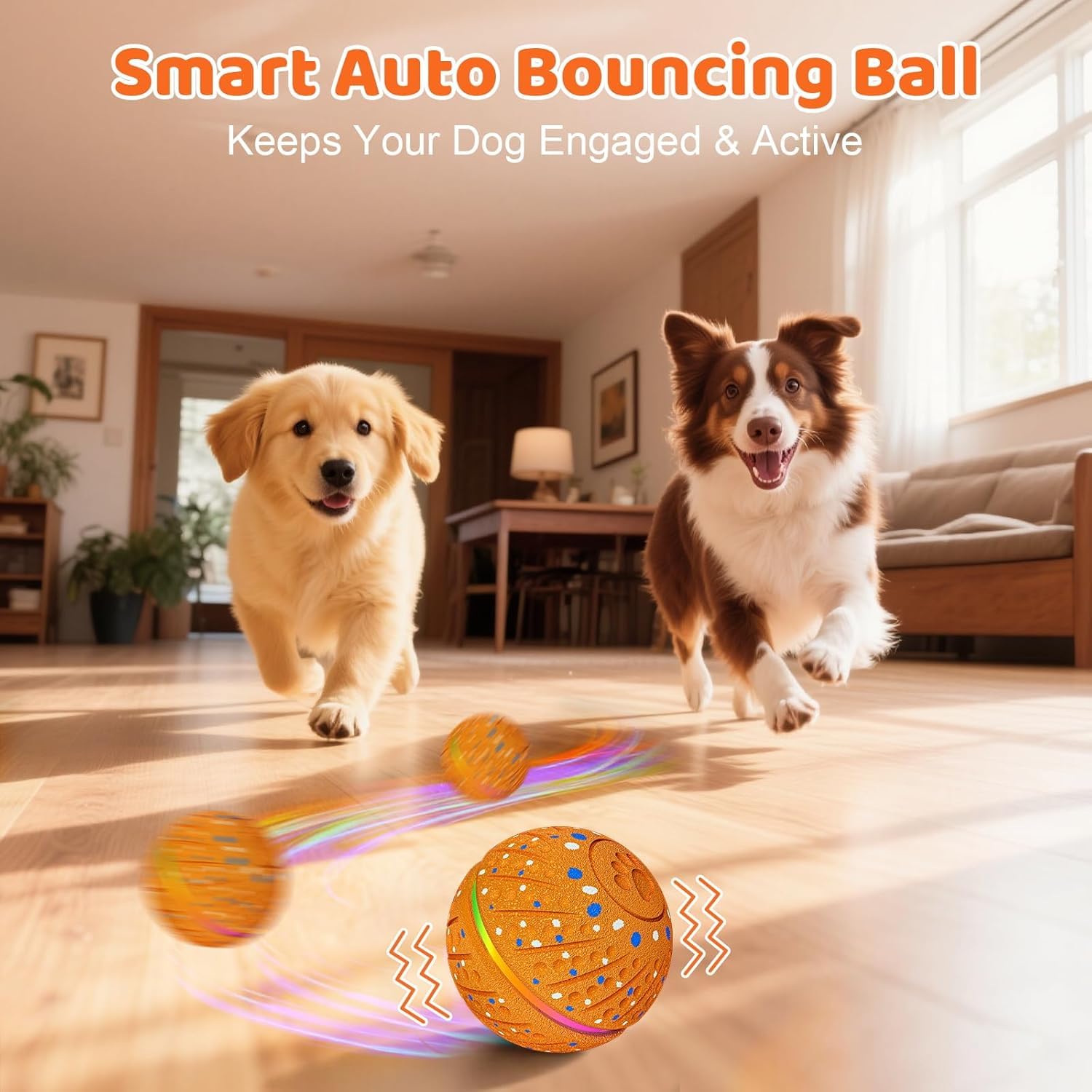 Pelota interactiva de juguetes para perros – Pelota inteligente para perros con luces coloridas, material E-TPU, 3 modos de juego, bolas rodantes automáticas, juguete para perros pequeños y medianos