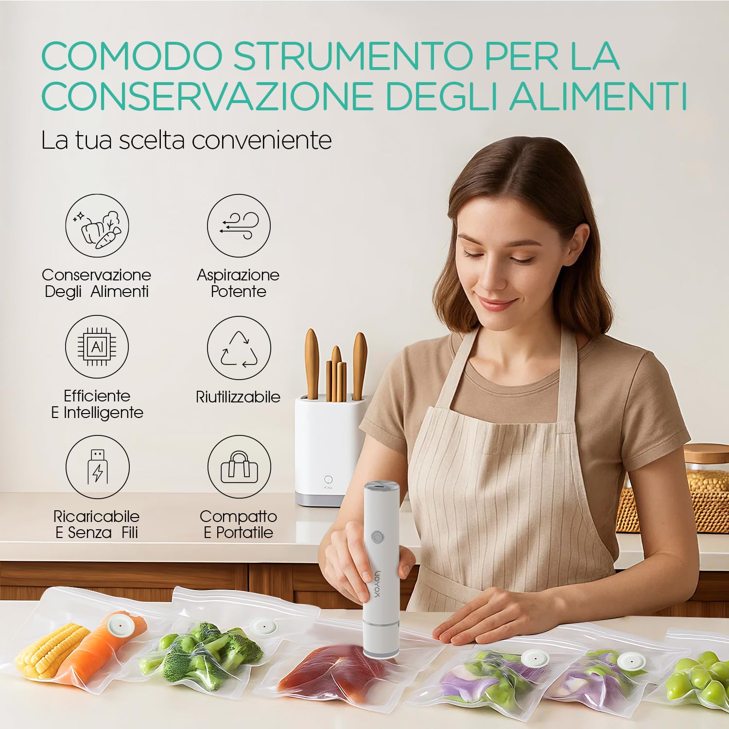 VOYOR Macchina Sottovuoto Alimenti Portatile Utilizzato per la Conservazione Degli Alimenti Palmare Macchina Sottovuoto con 5 Sacchetti Sottovuoto Potenziati Pompa Sottovuoto Alimenti VS500 (Bianco)