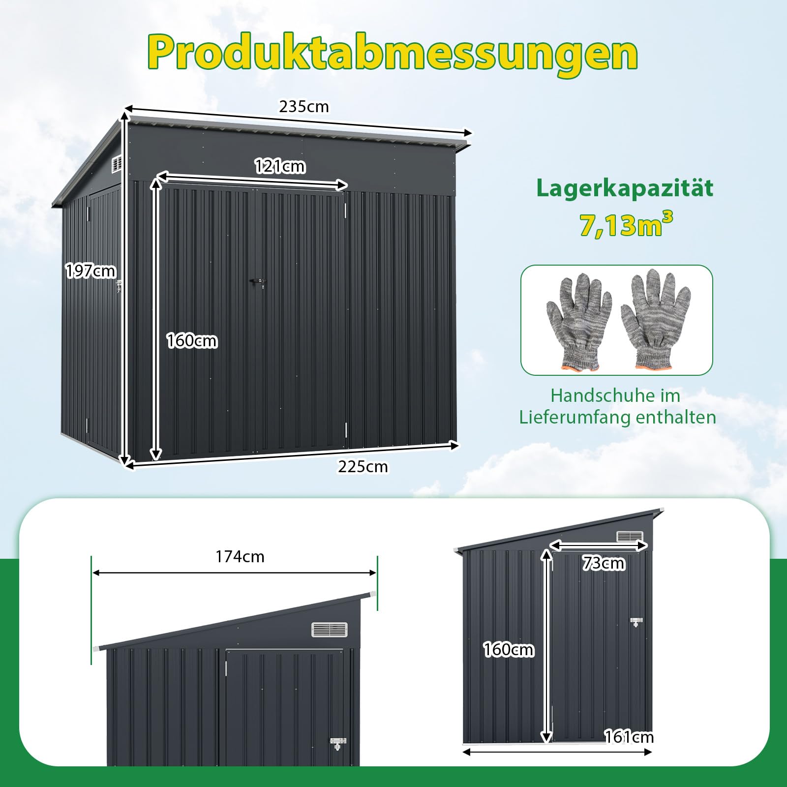 GOPLUS Metalowa szopa na narzędzia, 7,13 m³ z 3 drzwiami, szopa ogrodowa z ukośnym dachem, zamykana, domek ogrodowy, na podwórko, taras i trawnik (225 x 161 x 197 cm)