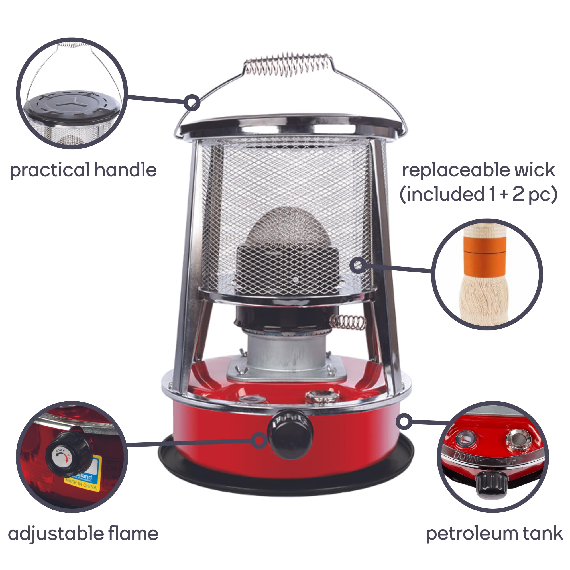 Perel Mobilny piecyk naftowy 2600 W z knotem/knotem + 2 zapasowe, przenośny piecyk olejowy do namiotu kempingowego, zbiornik 4,6 l, 18 godzin pracy, ekonomiczne ogrzewanie dodatkowe naftą bez prądu,