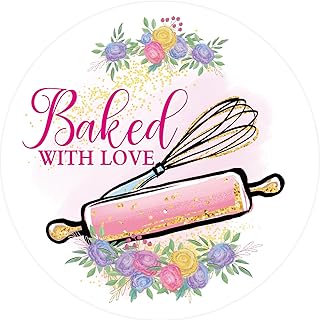 WorldBazaar Baked with Love Stickers 500pcs Floral Homemade with Love Stickers Baked Cookies Goods Packing and Wrapping Labels Business Birthday Wedding Baby Shower Christmas Party Supplies