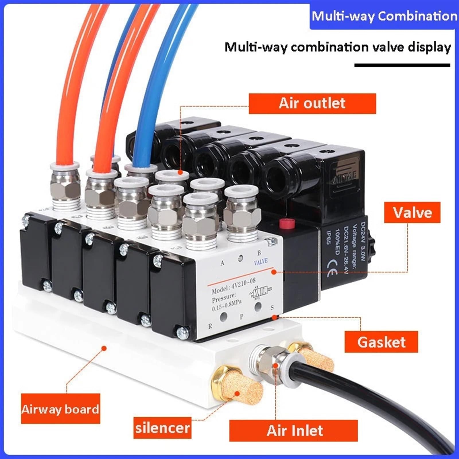 4V210-08 Stacje kolektorowe Zawór elektromagnetyczny 11-20 kombinacji DC 12 V 24 V AC220V z armaturą 5-portowy 2-pozycyjny zawory (DC 24 V 4 mm, 15 stacji)