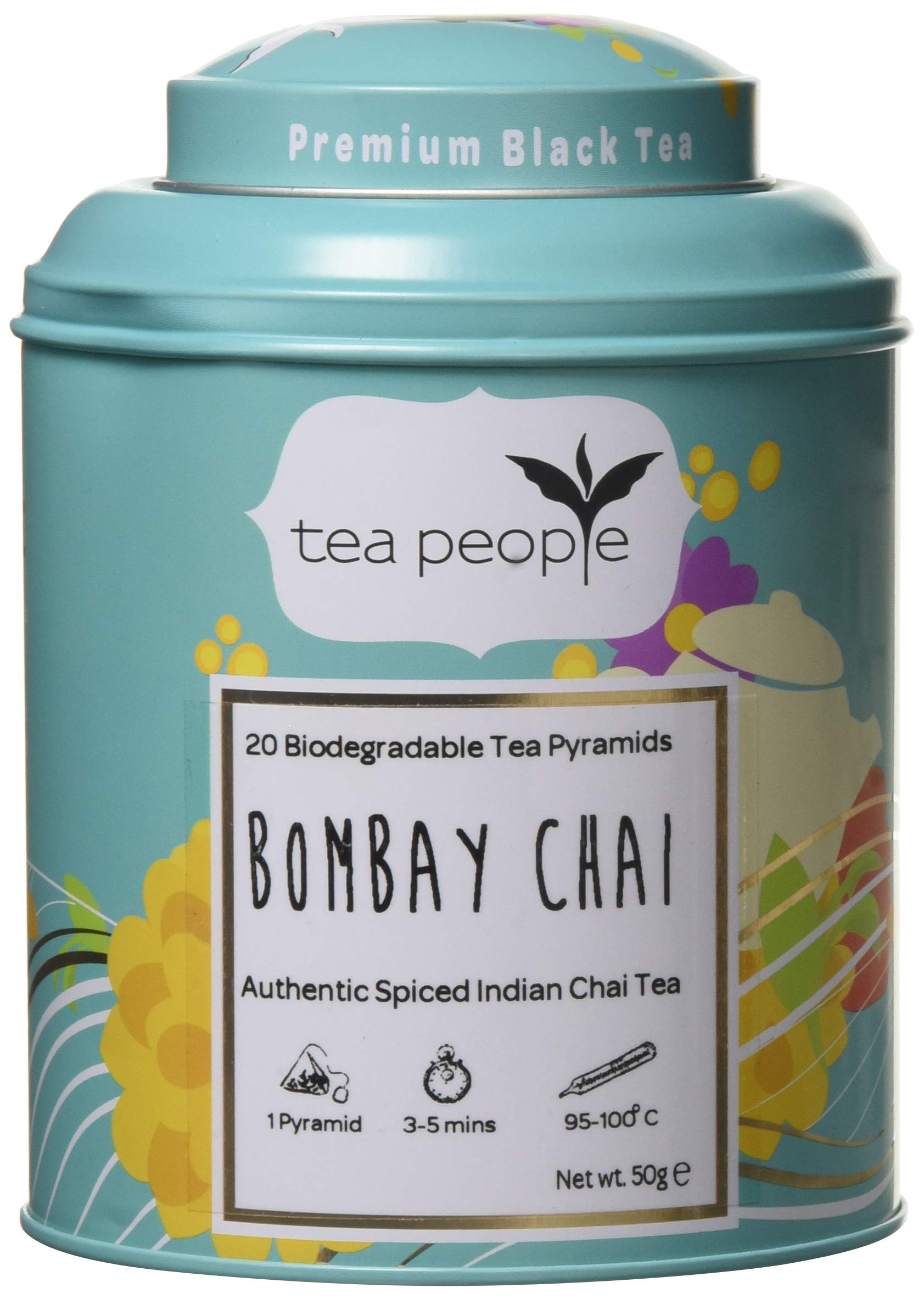 Tea People Bombay Chai, 20 Tea Pyramids in Tin Caddy