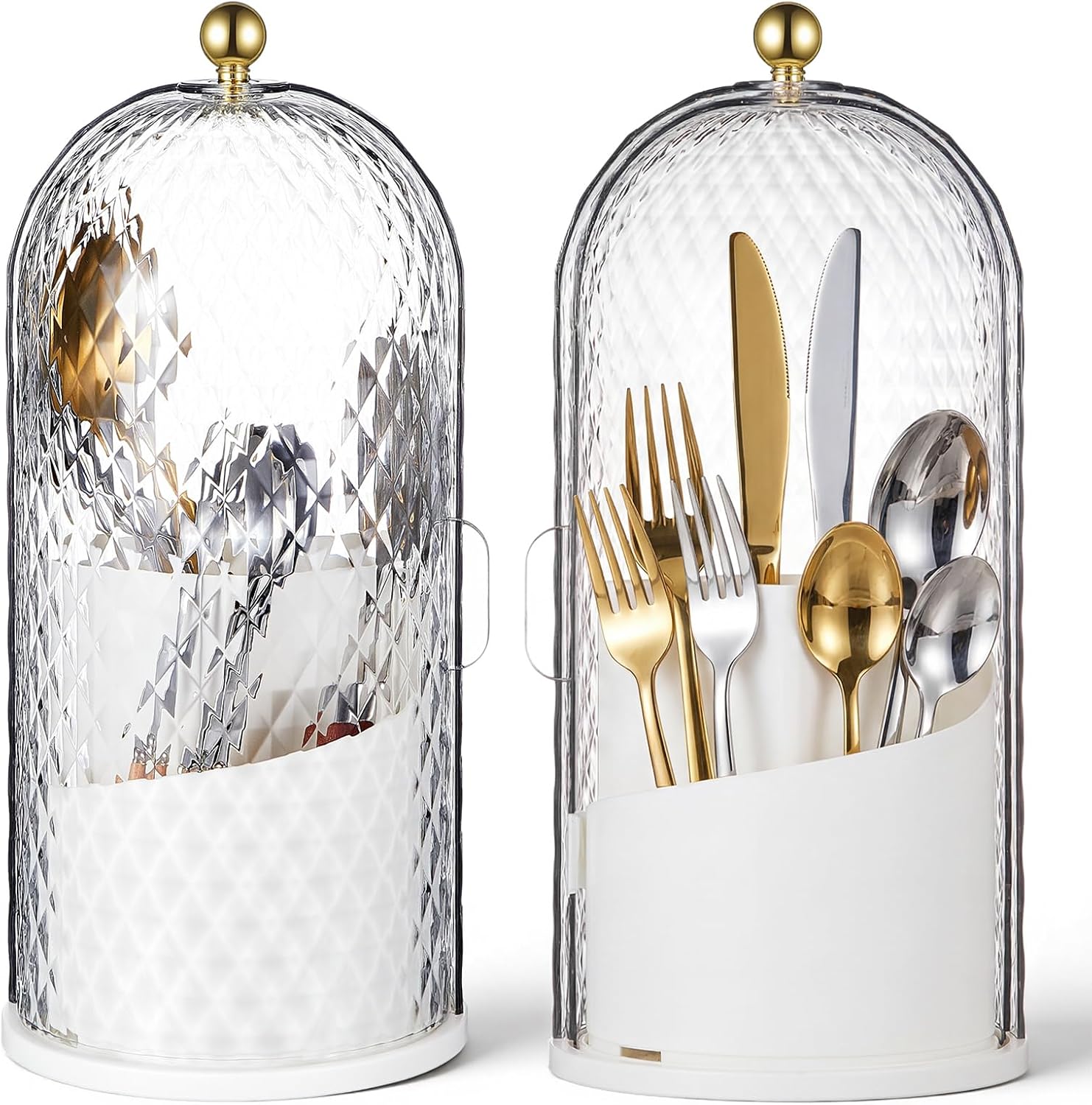 2 Pcs 360° Silverware Organizer with Lid, Diamond White, 3 Slot