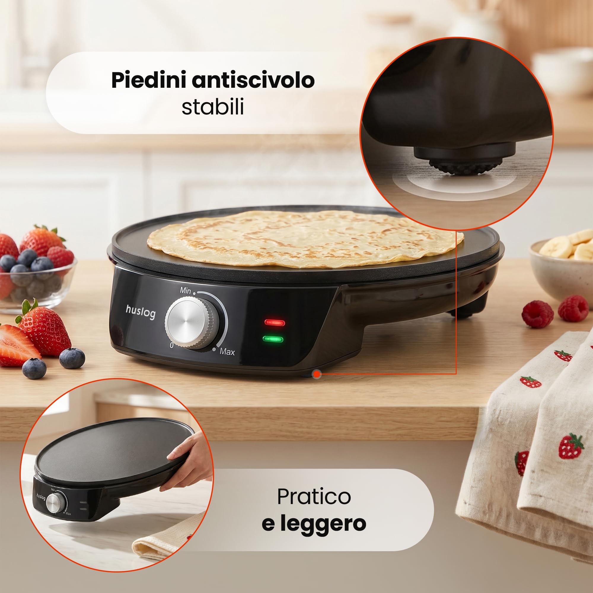 Crepiera Elettrica 1200W, Ø29 cm, Temperatura Regolabile, Piastra Antiaderente con Bordo Rialzato, con Spargitore e Spatola in Legno, per Crêpes, Pancake, Tortilla, Tacos, Nero