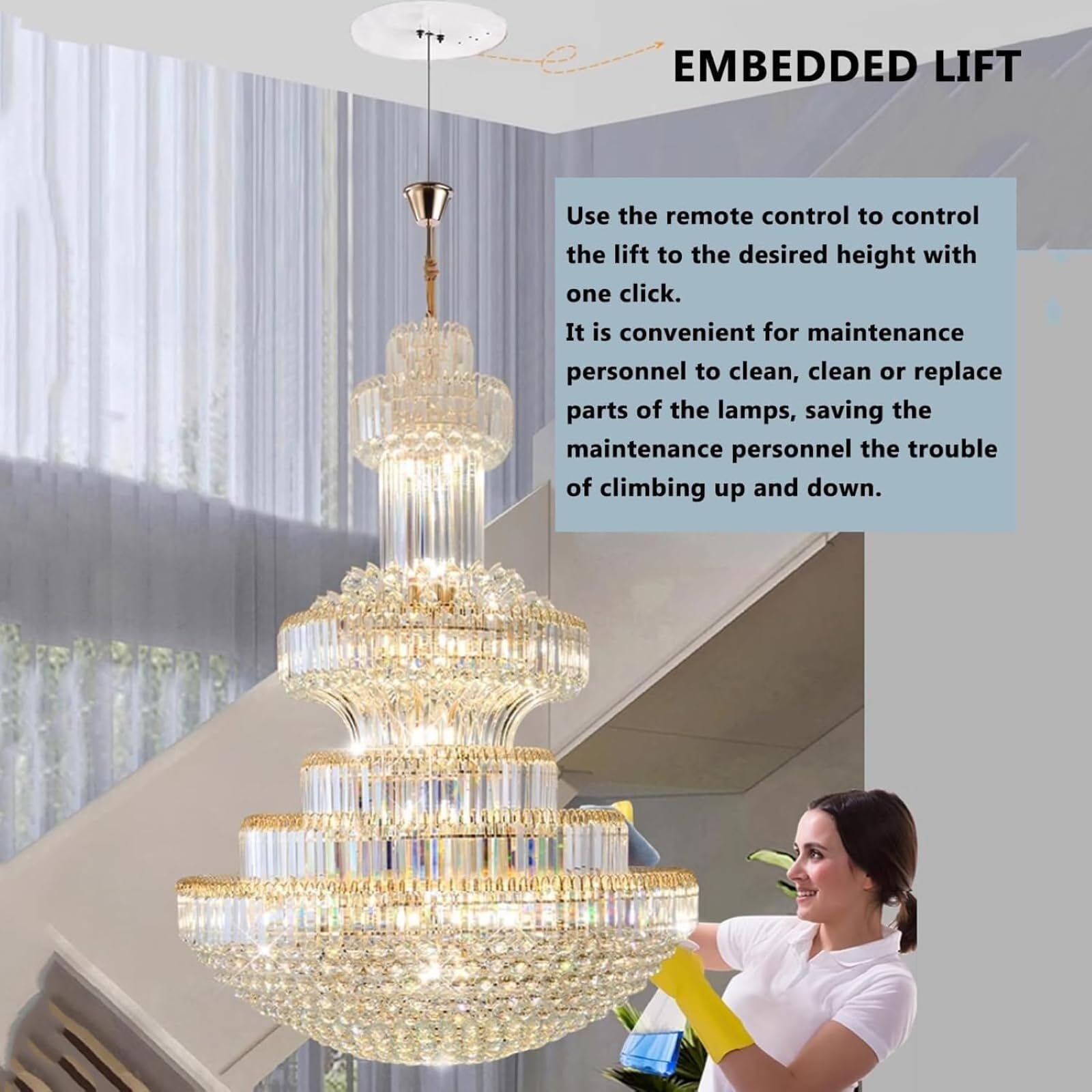 Système De Levage De Lustre Avec Télécommande Et Levage De Lustre électrique à Commande Filaire, Hauteur De Levage De 6 M Pour L'entretien Du Nettoyage Des Lampes 40kg