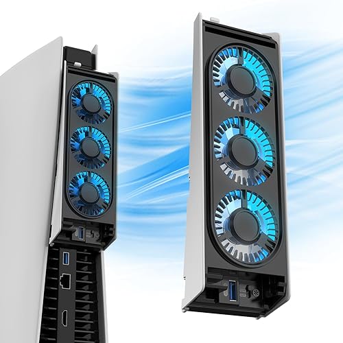PS5 Cooling Fan, MEQI PS5 Accessories Upgraded Quiet Cooler Fan with LED Light & USB 3.0 Hubs, Efficient Cooling Station for Playstation 5