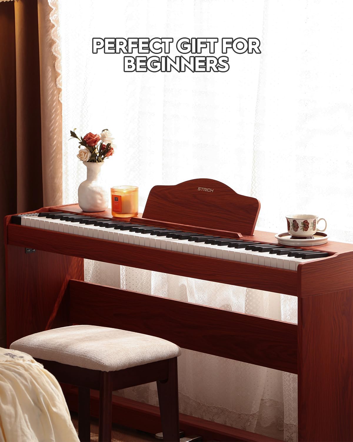STRICH Digital Piano 88 Keys, Hammer-Action Weighted Keyboard, Full size Electric Piano Keyboard with Furniture Stand, 25Wx2 Speakers, Supports USB-MIDI/Wireless Connect, SDP-300W (Color Mahogany)