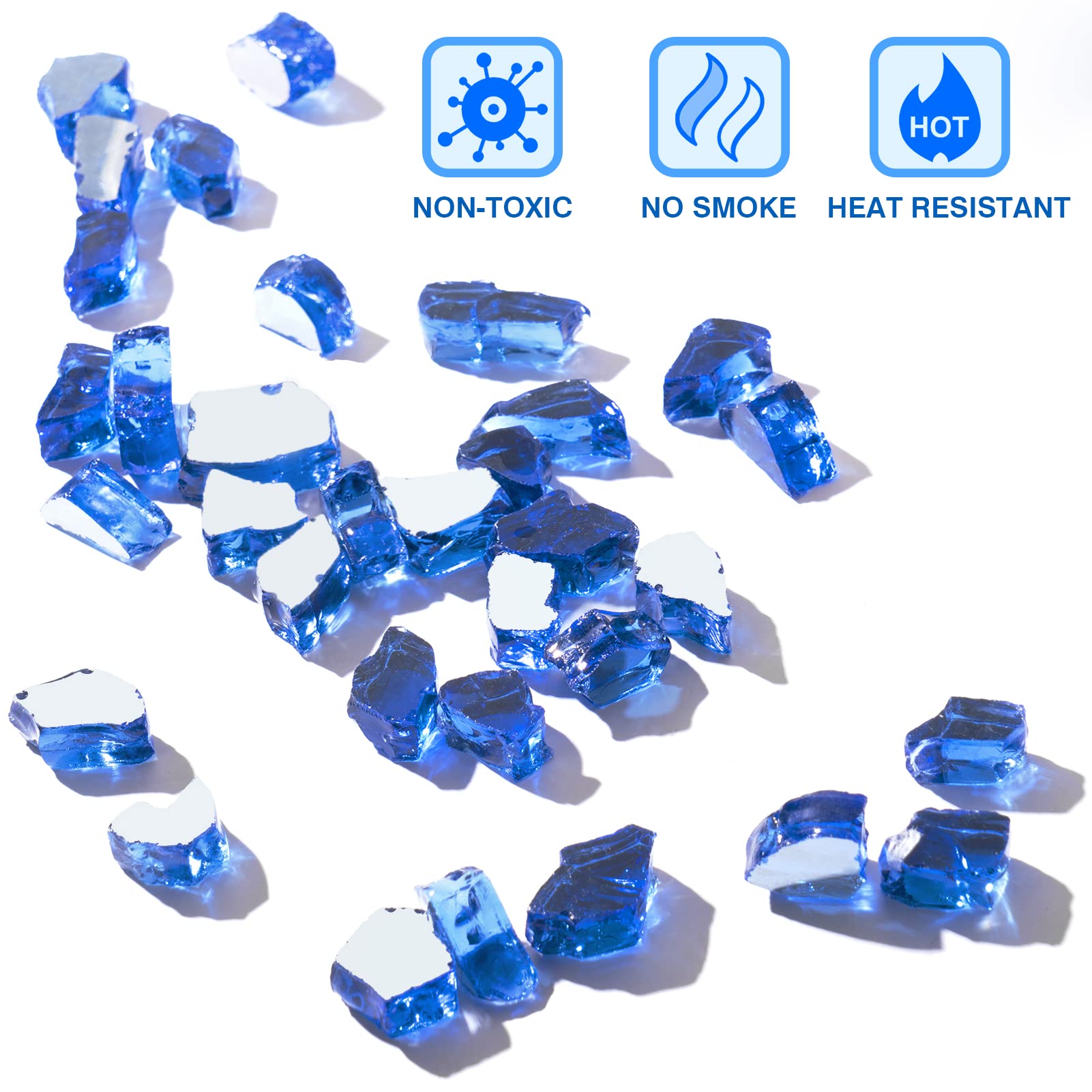 SHINESTAR Vidrio para hoguera de 6,8 kg, 1,27 cm, vidrio reflectante para hoyo de fuego de propano, rocas de vidrio azul cobalto para chimenea de gas, vidrio templado