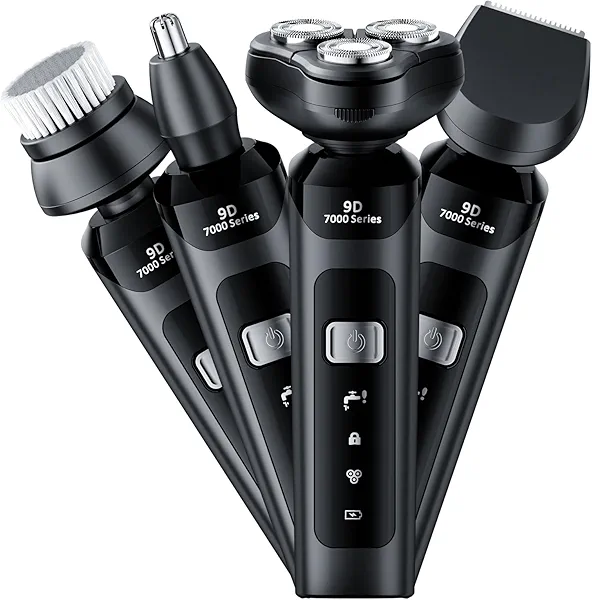 4-in-1 Electric Shaver, USB Rechargeable Shaver with Beard Trimmer, Facial Cleaning Brush, Nose Hair Trimmer, sideburns Cutter