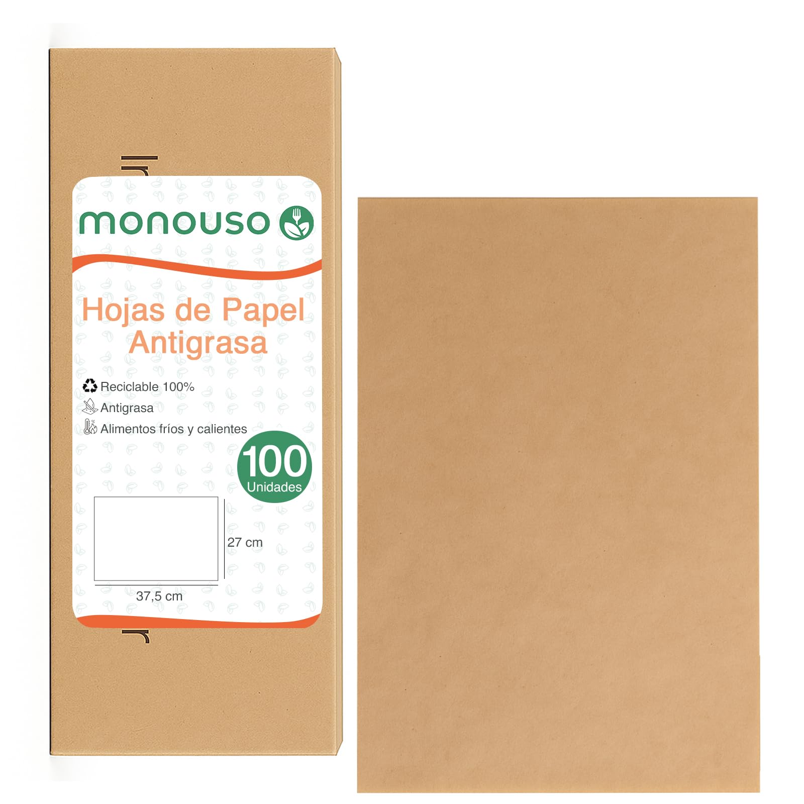500 Hojas de Papel Antigrasa, Color Kraft, 37,5x27cm, con Dispensador, Papel para Horno, Bocadillos, Sándwich, Wrap, Delivery, Take Away