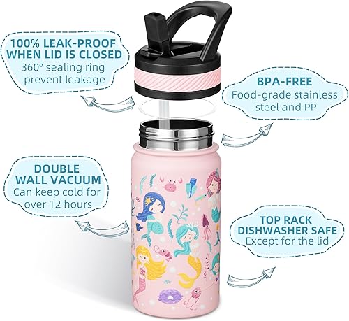 Miniatura 2 de Fanhaw Botella de Agua Aislada para Niños de 14 Oz con Pajita - Taza de Acero Inoxidable de Doble Pared al Vacío, A Prueba de Fugas, Sin BPA,