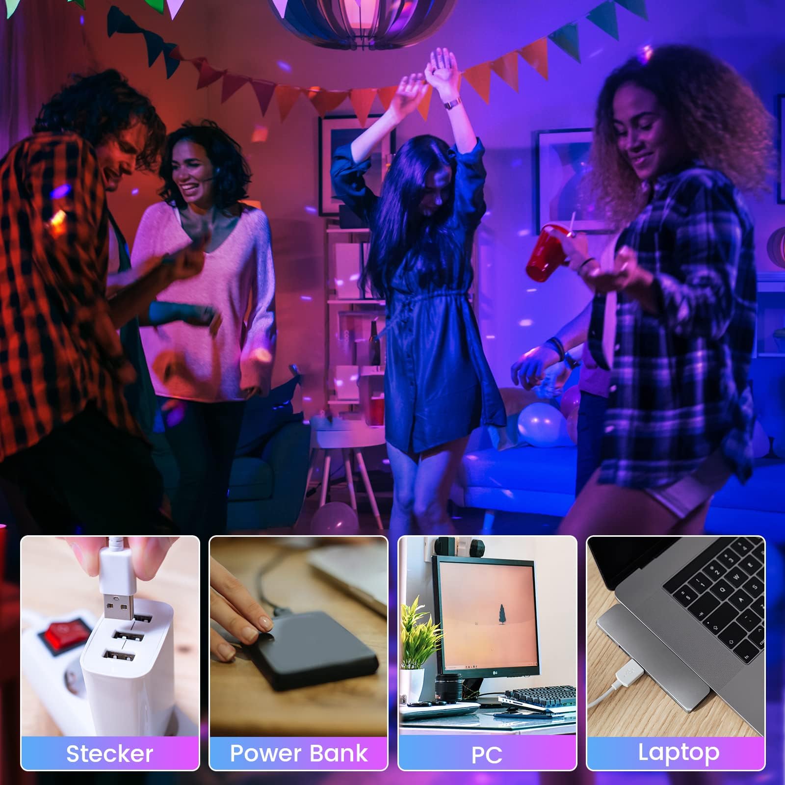 Bonlux Kula dyskotekowa 5 V, oświetlenie imprezowe, efekty świetlne, efekty świetlne RGB, oświetlenie imprezowe, sterowane głosem, USB, nastrojowe światło z 7 kolorami, 4 jasnościami i pilotem zdalnego sterowania, do pokoju dziecięcego, na imprezę, 2 sztu
