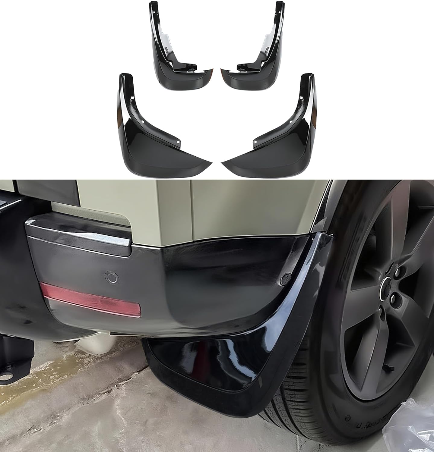 4PCS Mud Flaps for Land Rover Defender 2020-2025 | Splash Guards | Gloss Black PP Plastic | Original Factory Hole Design, Includes Reinforcement Accessories | Installation for Defender 90 110 (Bright)