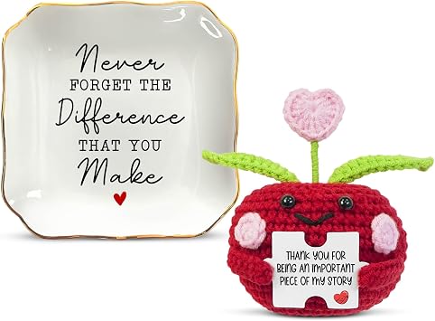 OASSIE Teacher Appreciation Gifts - 4x4 Porcelain Jewelry Dish Tray & Handmade Positive Apple Crochet with Message Card - Teachers Day Graduation End of The Year Birthday Thank You Gifts for Women