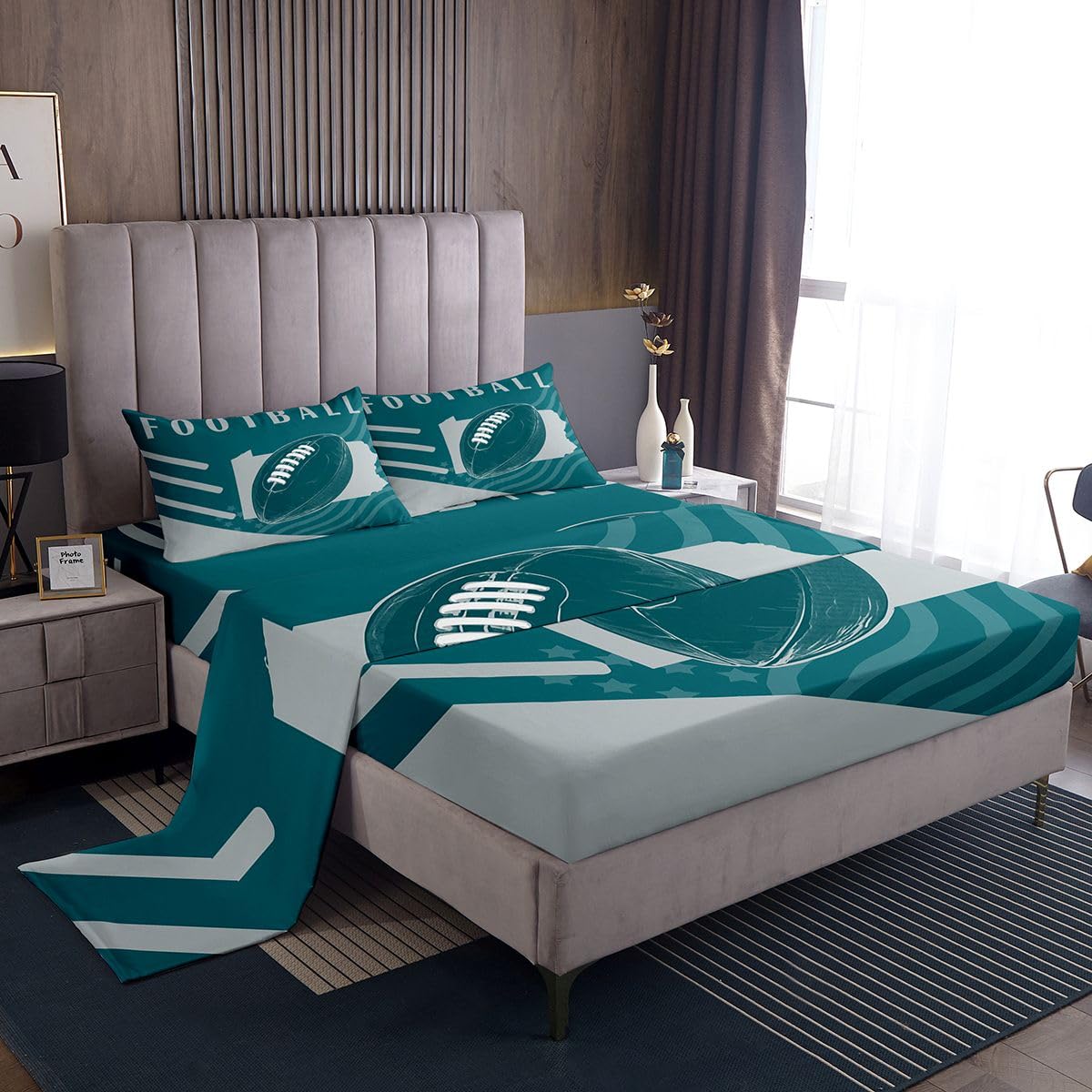 Erosebridal Football Bed Sheets Set Twin,Rugby Sheet Set for Football Fan,Football Team Sheets,Sports Flat Fitted Sheet with 1 Pillowcase for Bedroom(