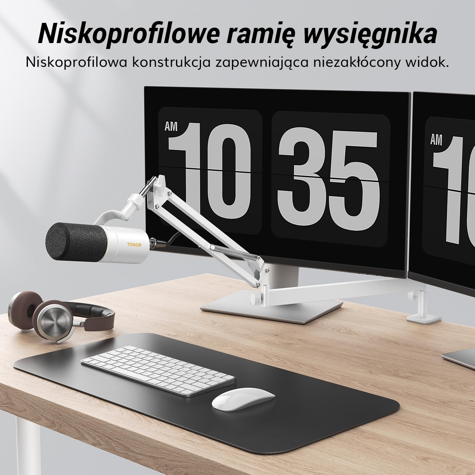 TONOR Stojak Wysięgnik Mikrofonu, Niskoprofilowy Statyw Mikrofonowy Premium do Nagrywania Podcastów dla Graczy, w Pełni Regulowany, Obracany o 360 °, składany o 90 °, T20LP, Biały