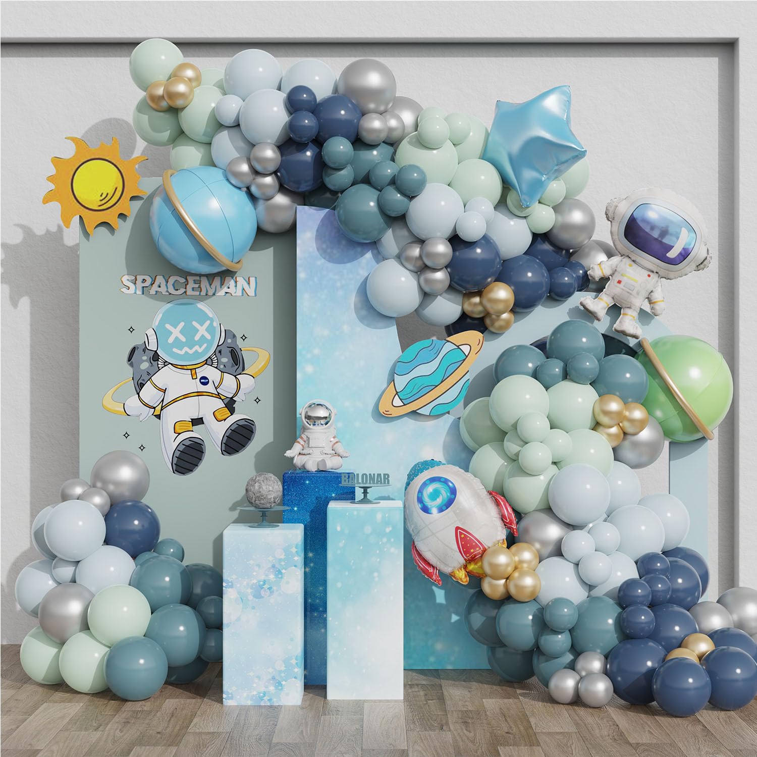 Outer Space Birthday Decorations Balloons Arch Kit 150 pcs Navy Blue Green Silver Latex Balloons For Boys Kids Universe Astronaut Theme Birthday Party Baby Shower Supplies