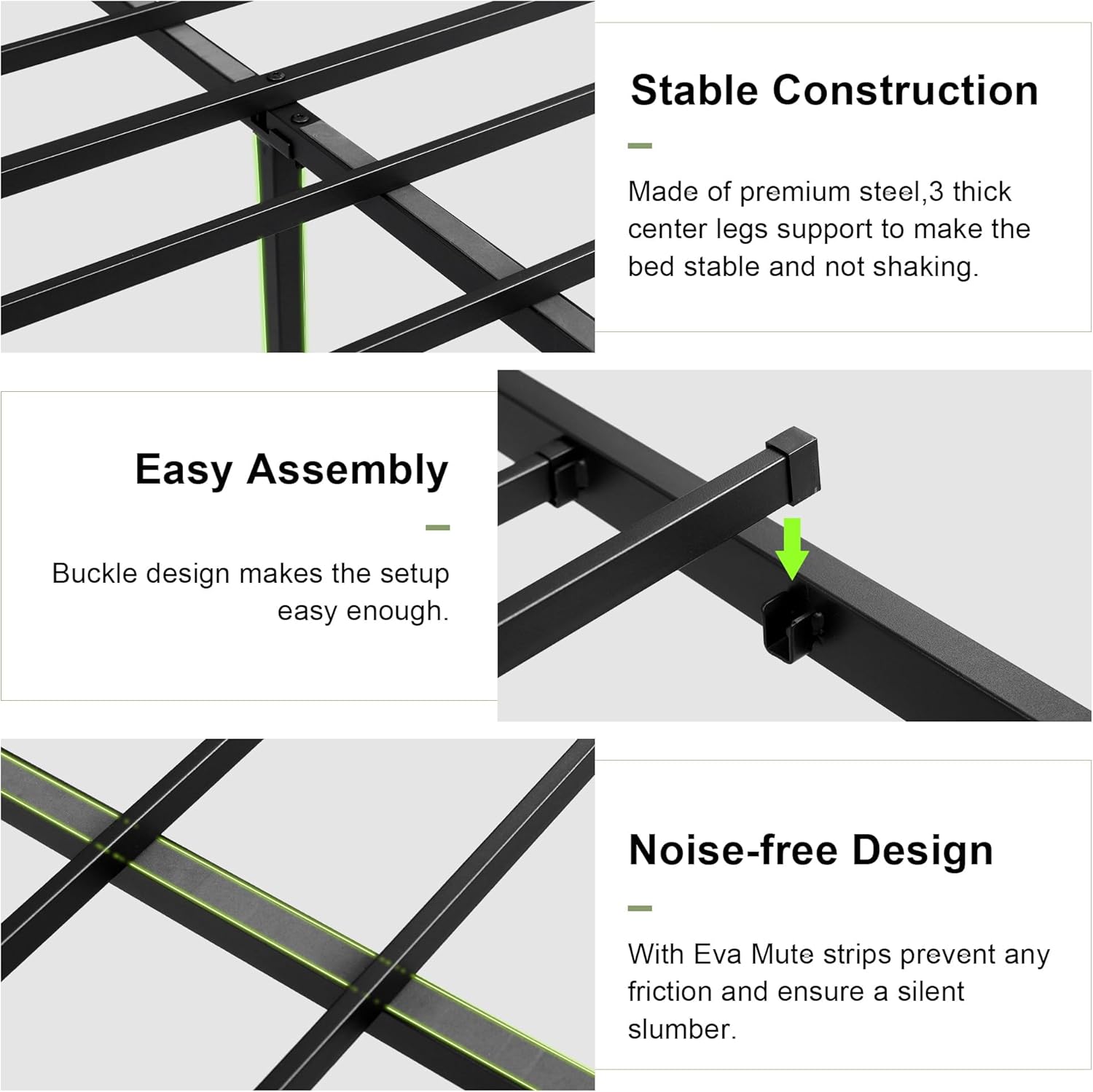 Detailed view of bed frame construction showing stable metal slats, easy assembly buckle design, and EVA anti-noise strips.