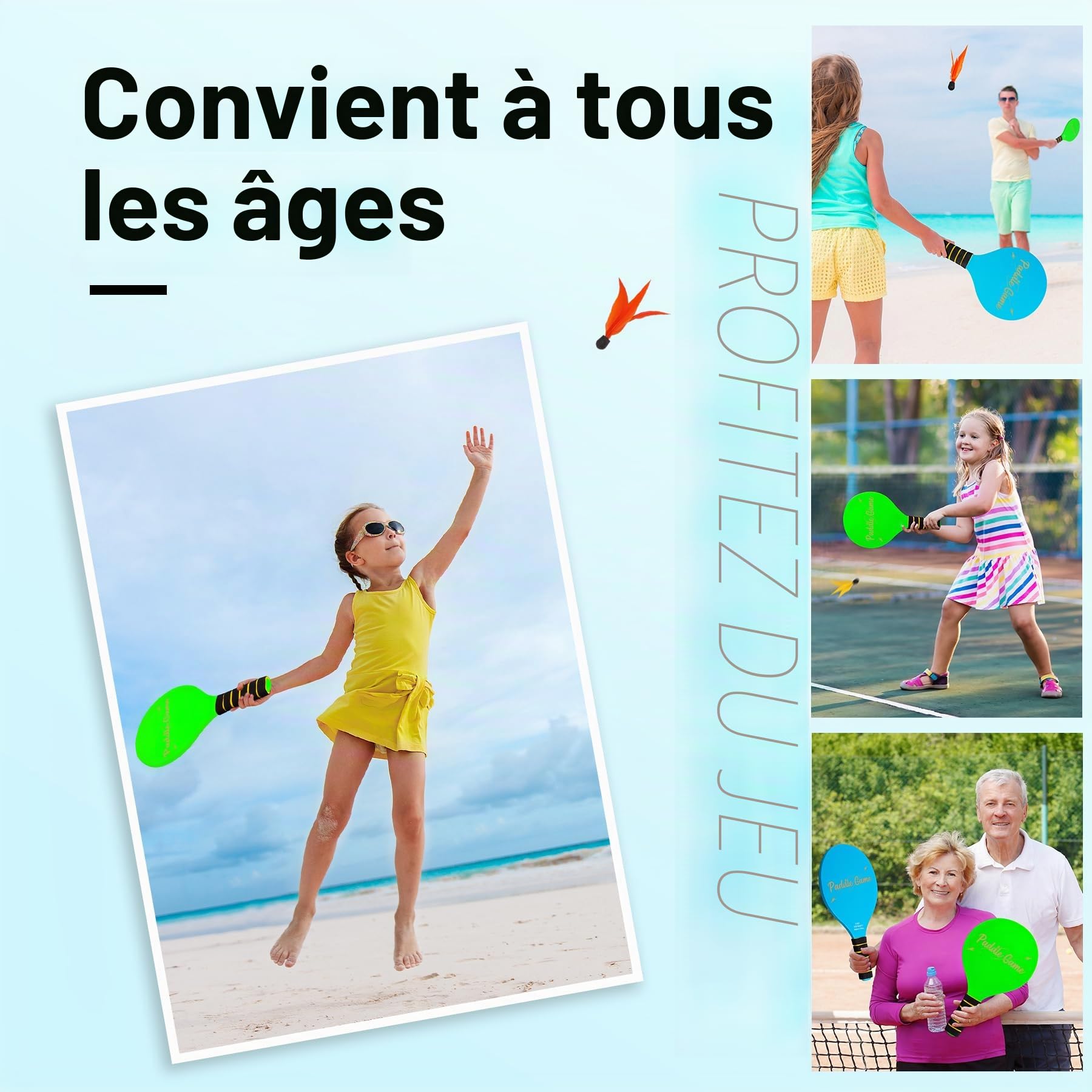 U&C Planet Beachball Set Paddle Ball Game Jeu de Raquette de Plage en Bois pour Les Enfants et la Famille 4 pagaies 4 balles et 8 Birdies Jouets pour Le Jardin et la fête de Plage
