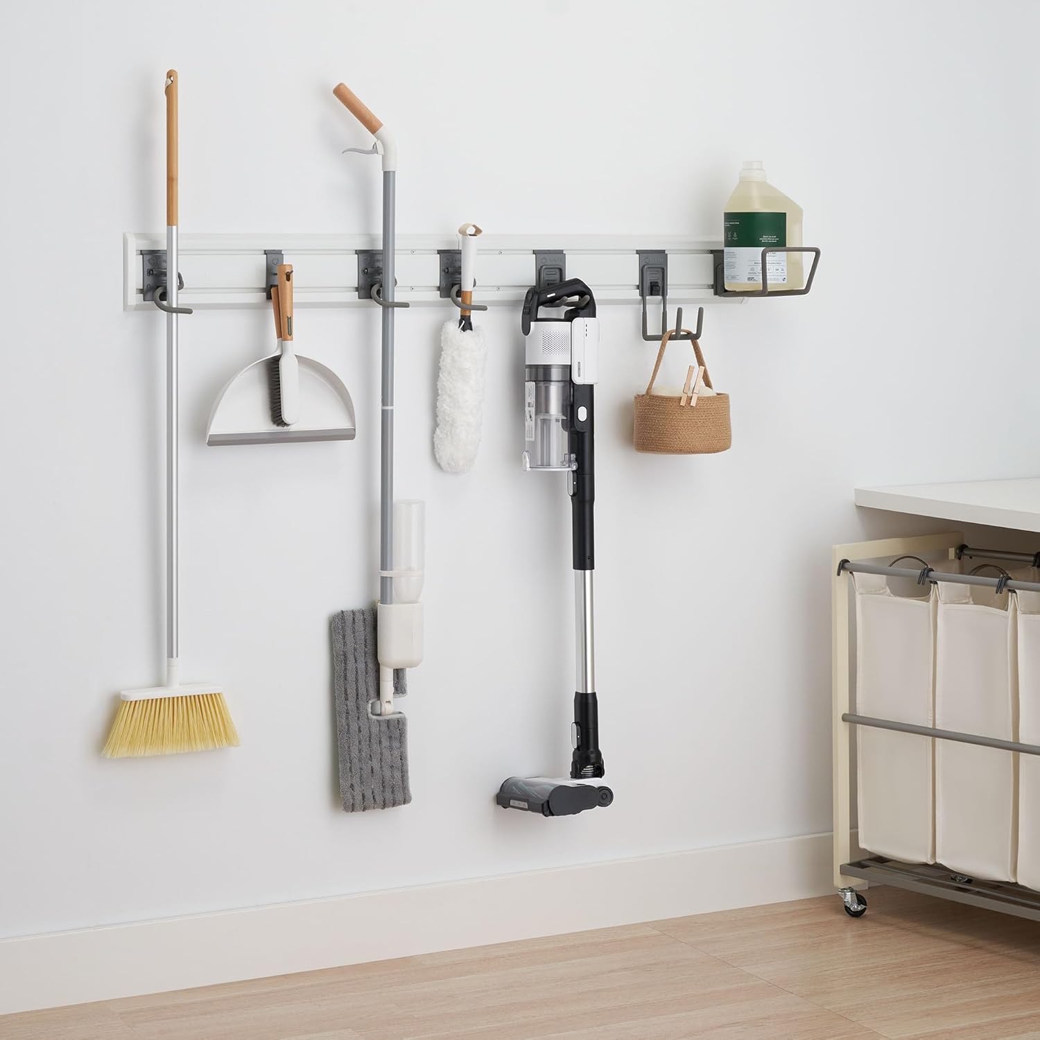 TRINITY 9-Piece Heavy Duty Wall Track Storage System, Wall Mount Utility Rack Organization Kit for Garage, Shed, Pantry, Garden Tools, with 2 PVC 28" Panels & 7 Hooks, Up To 150 Lbs Per Panel, White