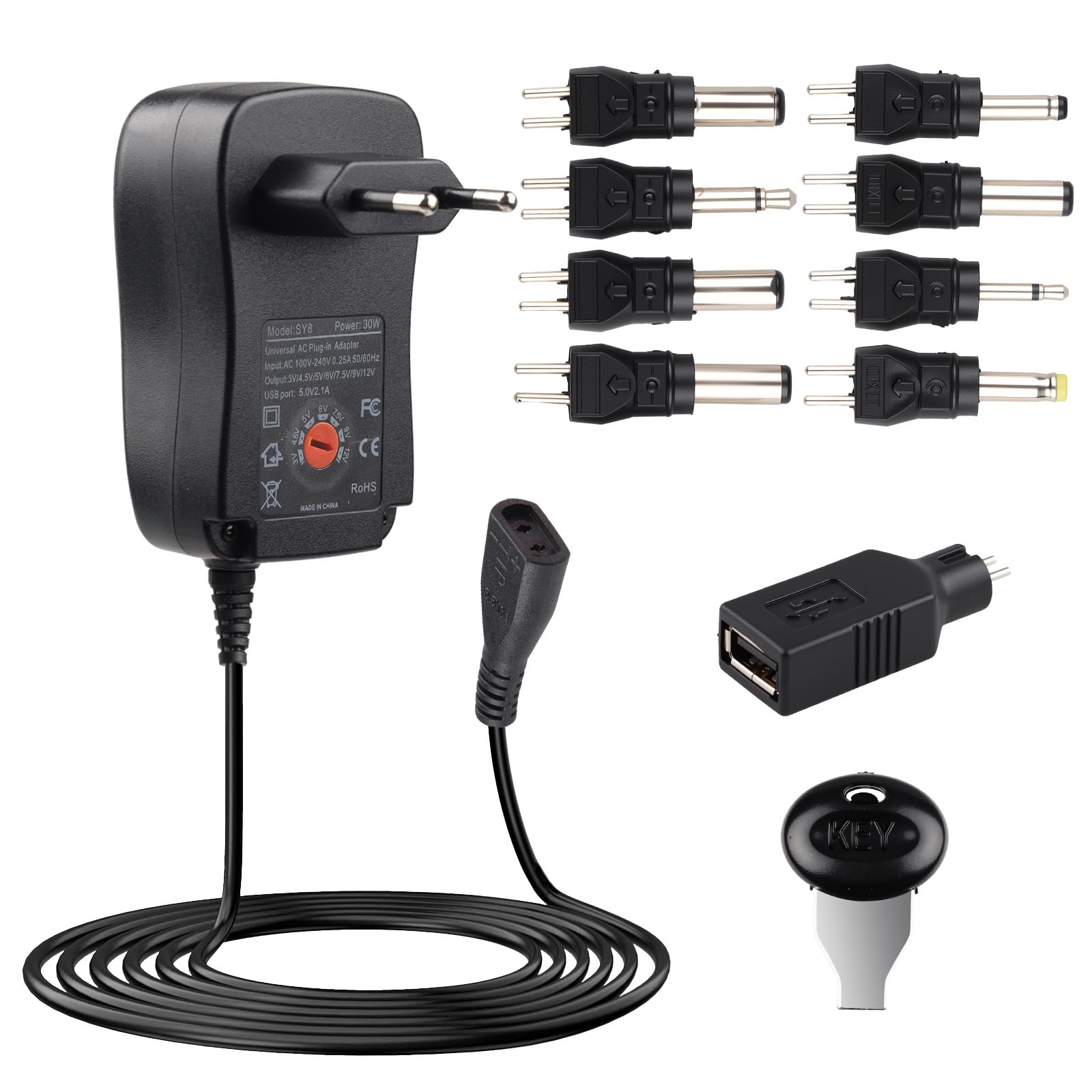 Adattatore AC da 30 W, 2 A, trasformatore con 9 inserti selezionabili per 3 V, 4,5 V, 5 V, 6 V, 7,5 V, 9 V, 12 V