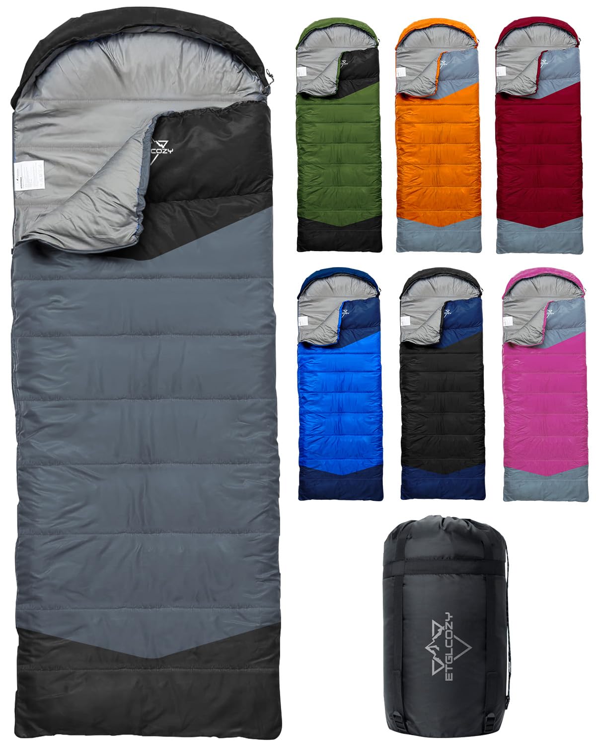 ETGLCOZY Lightweight 3-Season Sleeping Bag for Adults/Kids Camping, Compact w/Compression Sack, Waterproof Ripstop, Portable for Backpacking Hiking Travel, 10-15°C, Gray/Black — image 1