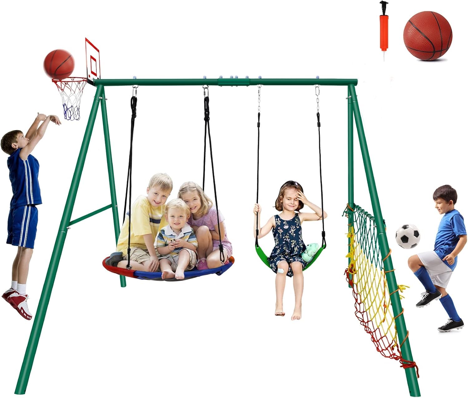 CYFIE Swing Set, Outdoor Playset for Kids with Saucer Swing, Belt Swing, Heavy Duty Metal Frame Swing Stand, Basketball Hoop and Soccer Goal, Swing Sets for Backyard, Playground, Park