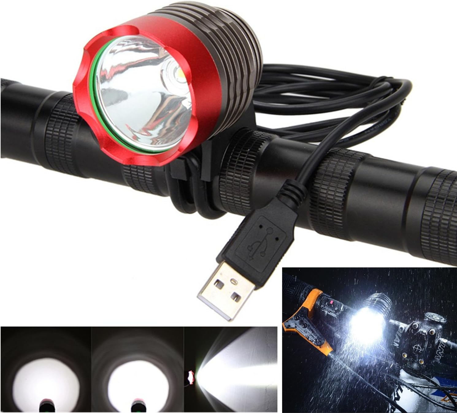 Front Headlight Front Light Bike Bicycle Cycling 1200 Lumen LED Flashlight Waterproof USB Power Bicycle Handlebar Red