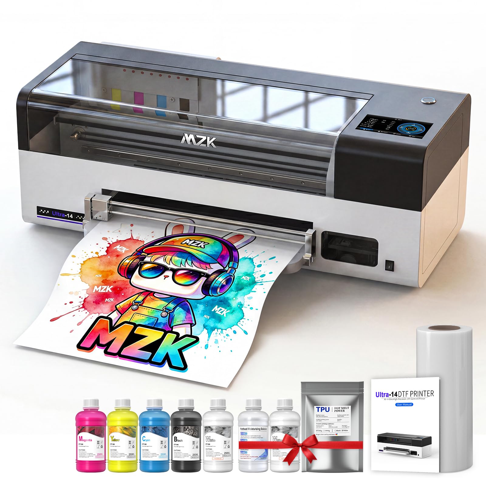 MZK 14''A3 DTF Printer Bundle With F1080 Printhead,2X Speed vs L1800/R1390,One-Click Printhead Moisturizing+24/7 Auto-Cleaning+White Circulation+Ink Anti-Clog Design,5" Smartscreen,2-Year Ink Included