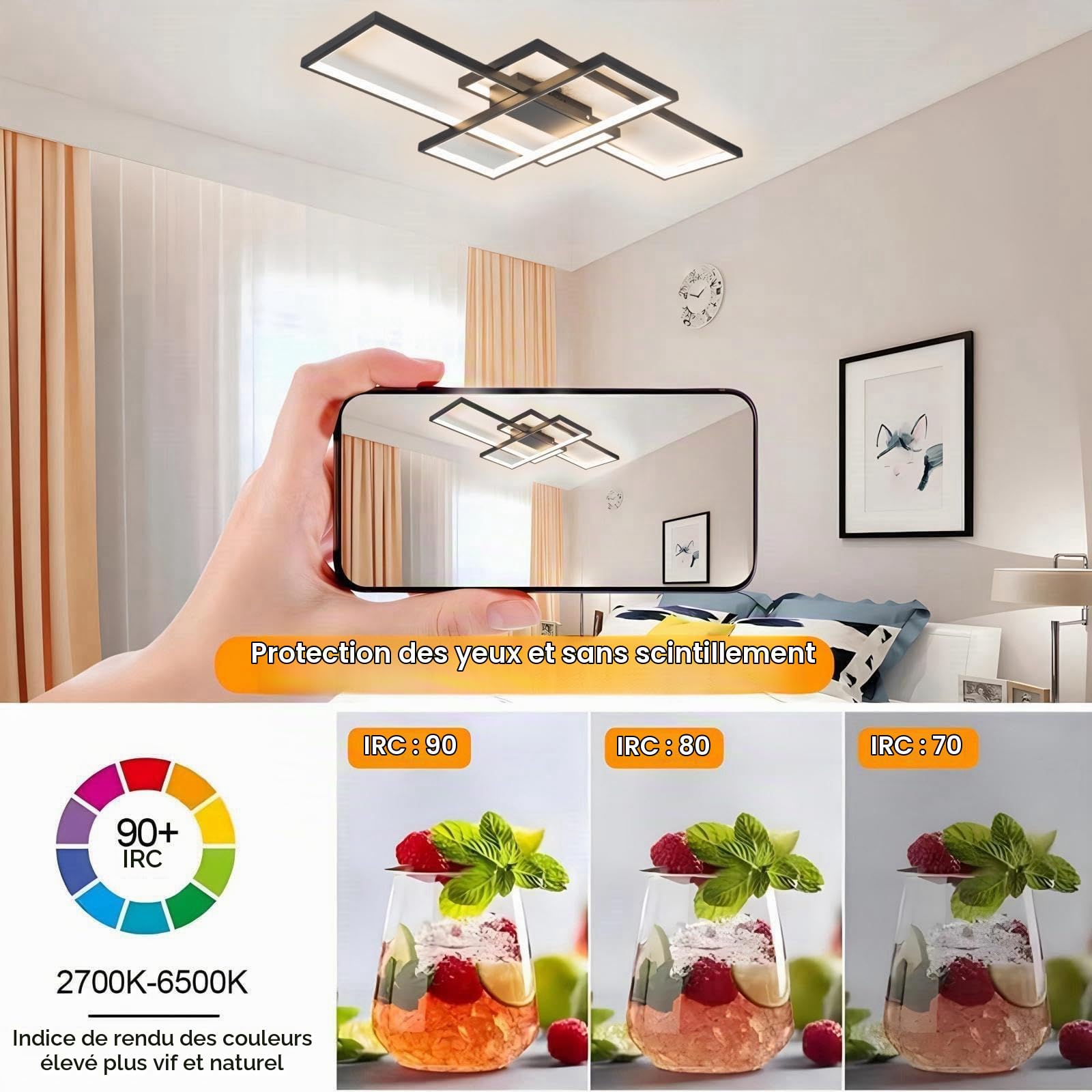 LED Plafonnier Applique Murale Lampe de plafond Moderne Noir Rectangle Désign Abat jour Applique pour Chambre Salon Cuisine Salle à manger Loft Escalier Couloir Dimmable avec télécommande,Noir,90cm