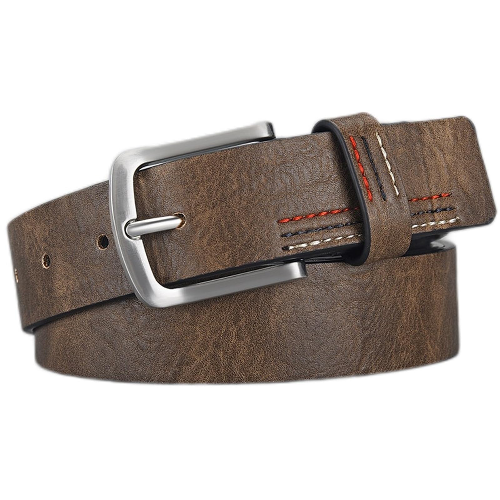 Agutalithic Women's Coffee Men Vintage Distressed Pu-Leather Belt Western Cowboy Stitched Strap With Alloy Buckle For Jean Pants Dress(115Cm/45, )