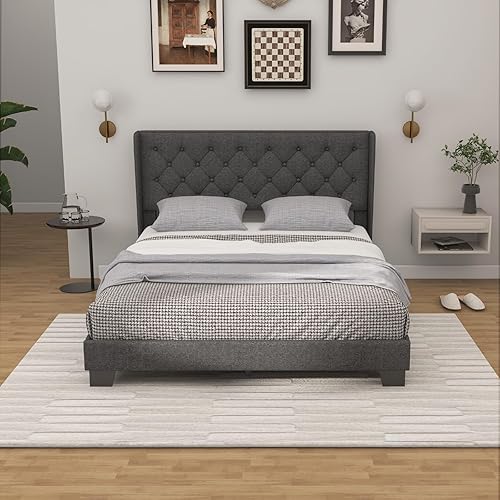 Miniatura 3 de Giantex Base de cama Queen con cabecera capitoné con botones, cama tapizada de tela moderna con diseño de respaldo de alas, base de colchón de