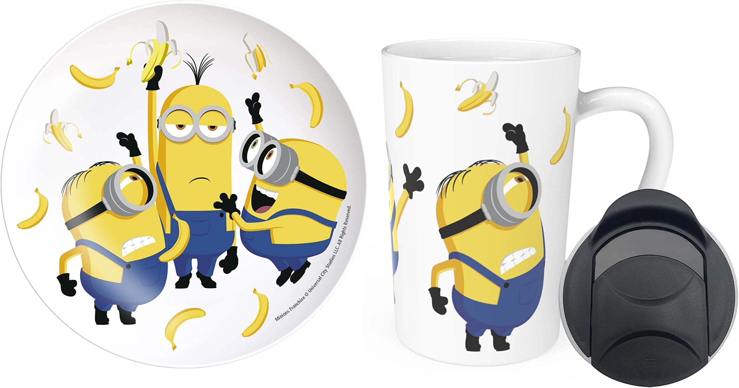 Zak DesignsMinions: The Rise of Gru Ceramic Latte Mug and Plate for Coffee, Tea, Breakfast or Dessert with Travel Mug Lid, 2-Piece Set