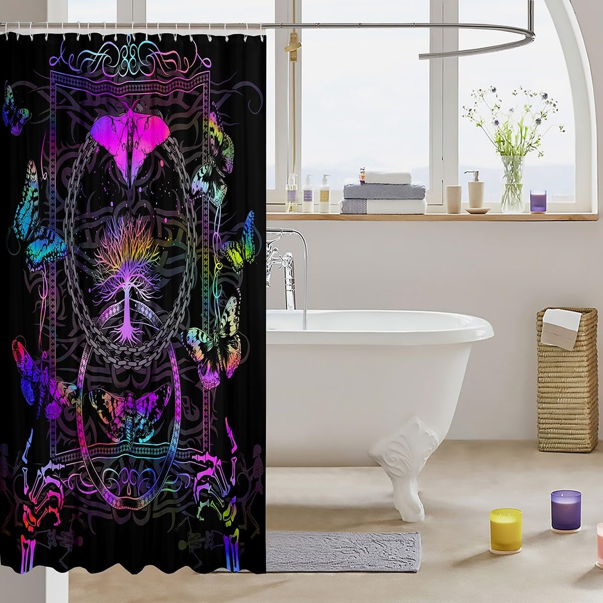 Boho Moth Shower Curtain-Funny Novelty Print Design,Skeleton Skull Gothic Bath Curtain for Bathroom Decor Butterflies Trees Waterproof Shower Curtain Liner Polyester Stall Curtains 72x78 Inches