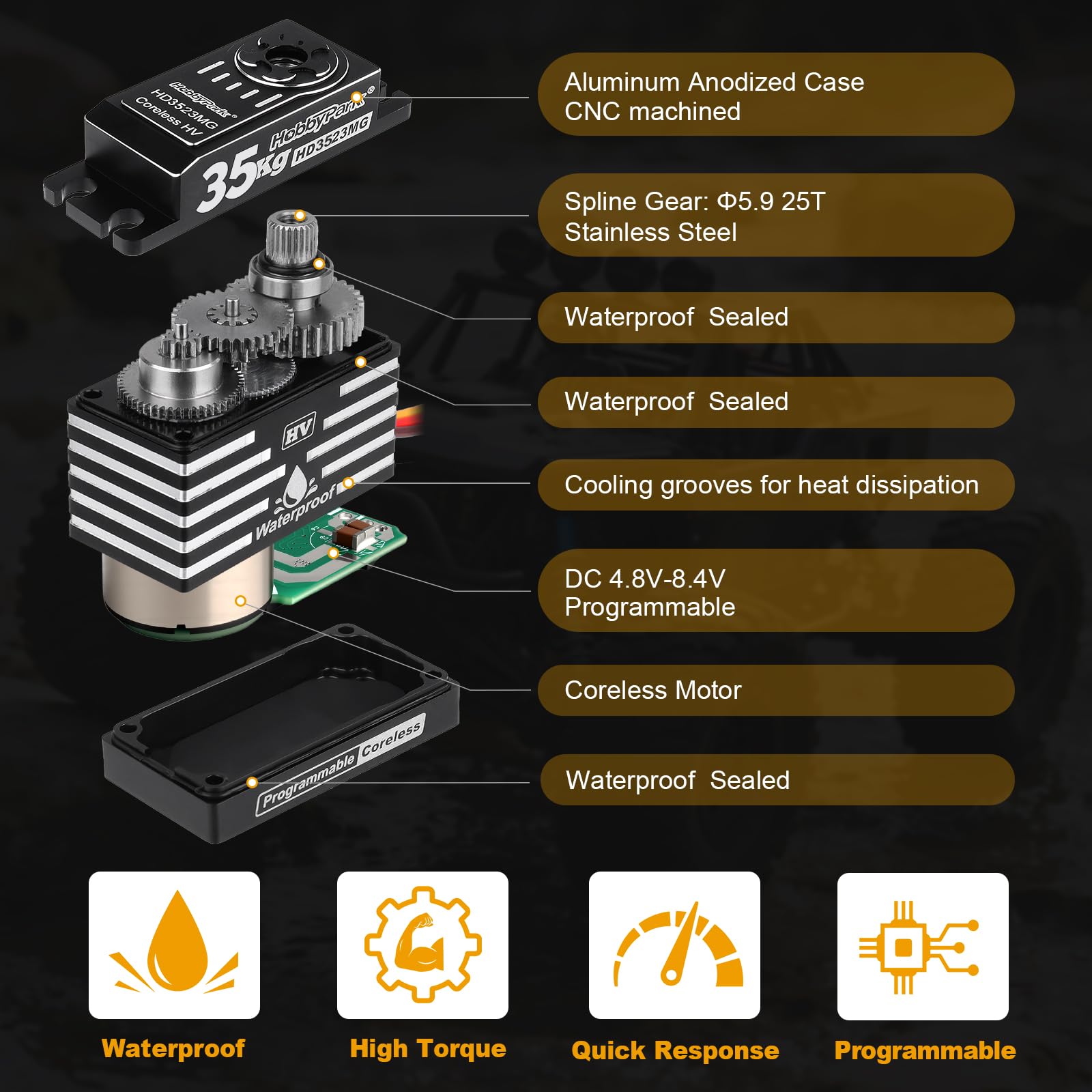 HobbyPark 35kg Waterproof Brushless RC Servo - High Torque Metal Gear For 1/8 1/10 Cars