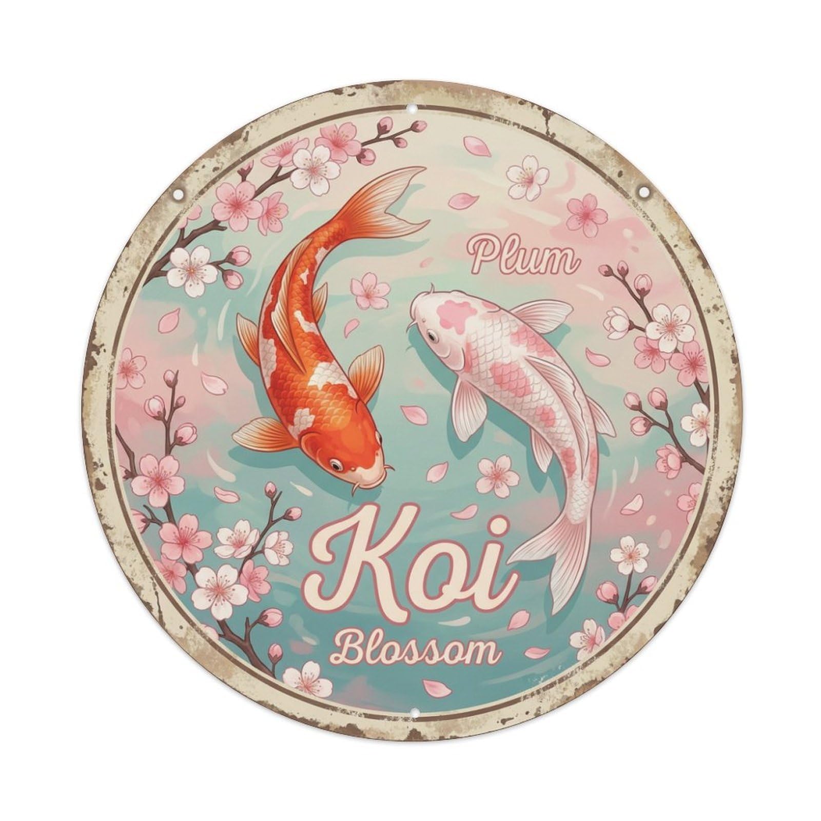 Koi Fish Plum Blossom Waters Spring Flower Pink Delicate Metal Tin Sign