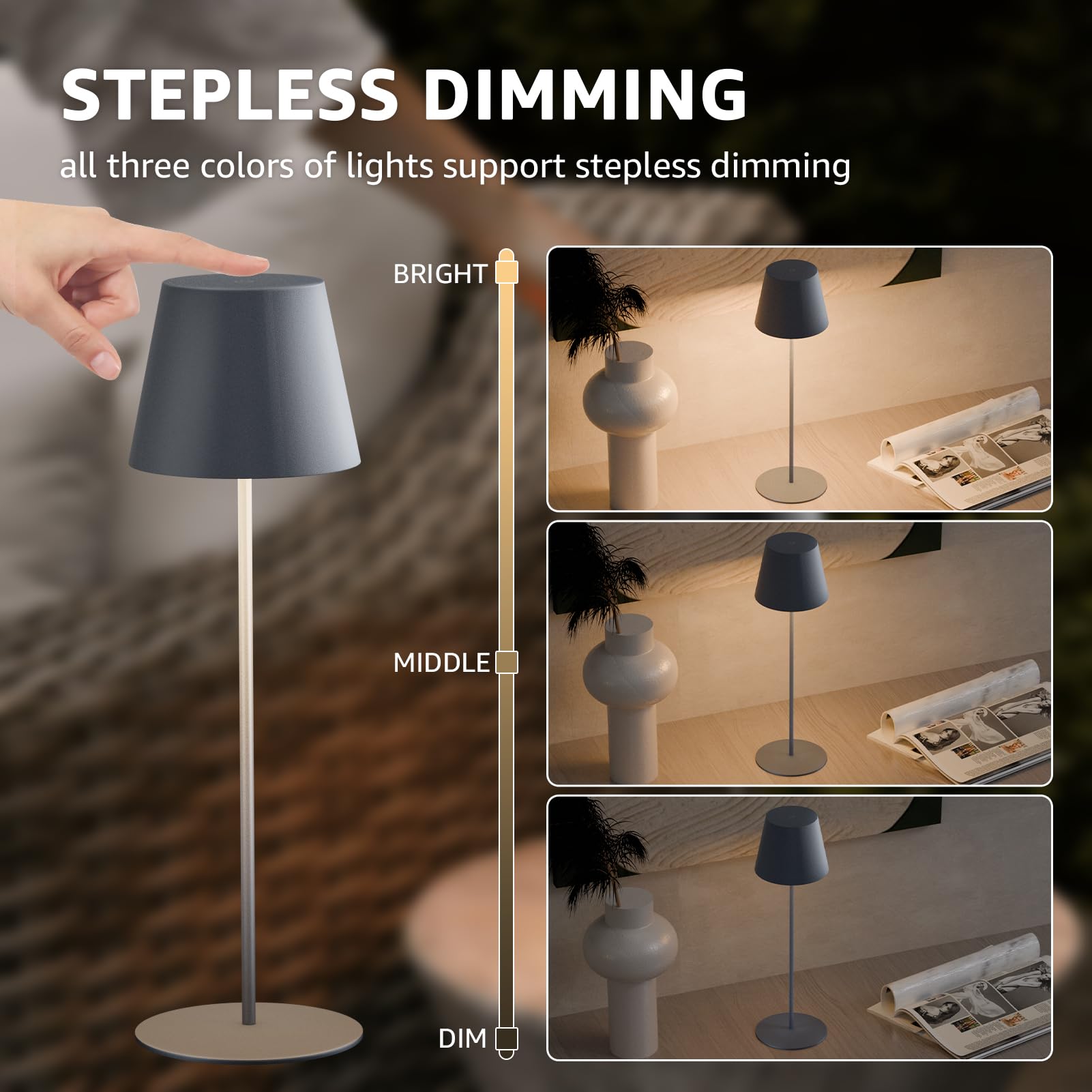 MALUX 2 pezzo Lampada da tavolo a LED senza fili con touch, ricaricabile per interni ed esterni, 3 temperature di colore senza livelli continui, funzione timer, lampada a batteria per esterni
