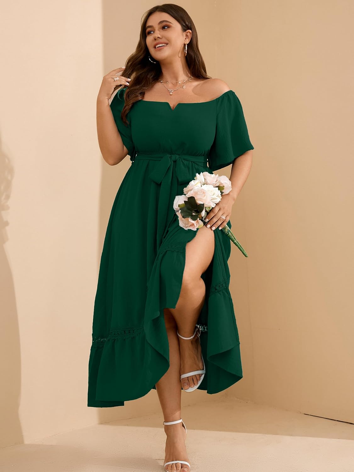 RWJ Women's Plus Size Dress for Cocktail Wedding Guest Formal V Neck Off The Shoulder Maxi Dress with Belt - Image 7