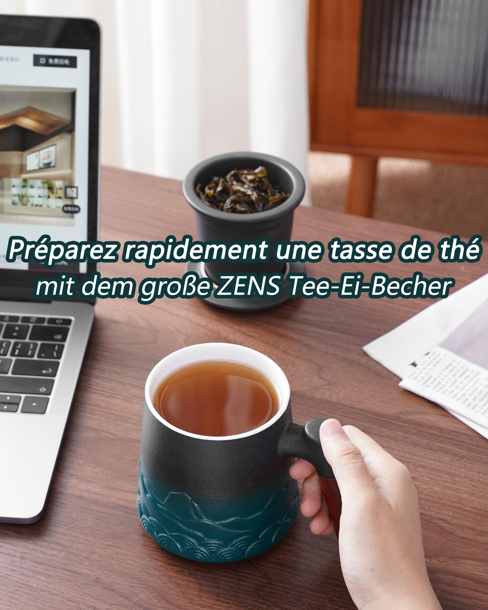 ZENS - Taza de té con infusor y tapa (500 ml), taza de cerámica con relieve para té de hojas con filtro fino, verde oscuro con mango de madera, difusor para té caliente