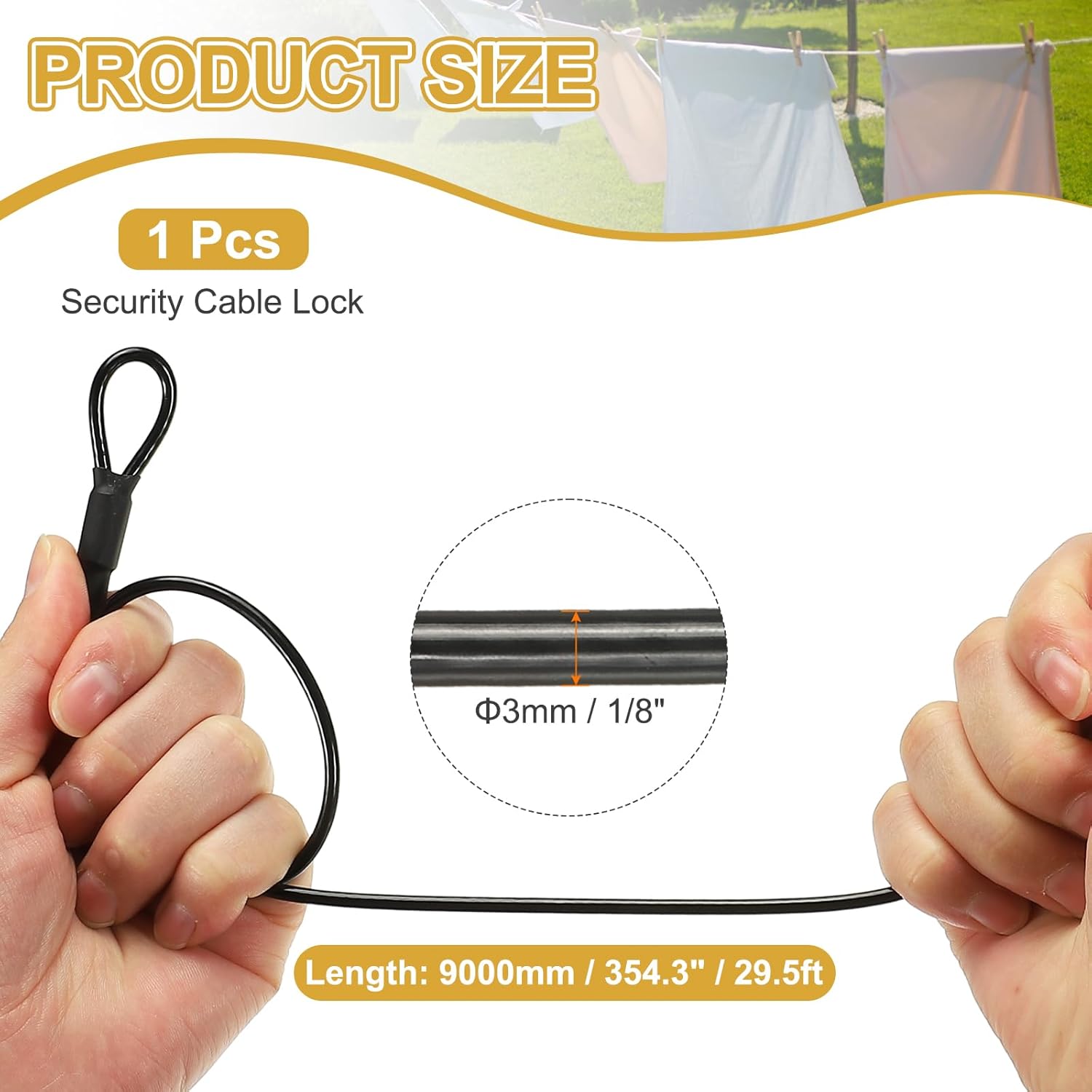 PATIKIL Security Cable Lock (1/8" Dia 29.5ft, Black) Vinyl Coated Galvanized Steel Flexible Wire Rope Safety Cable Luggage Lock with Double Loops Suit for - Outdoor/Travel/Hanging