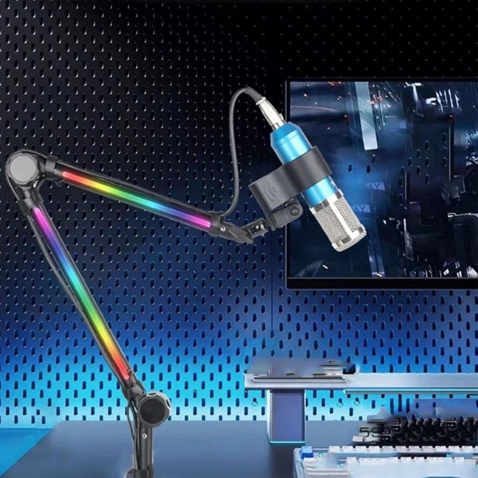 Support de Microphone de Bureau, Bras de Flèche en Métal Réglable à 360 Degrés avec Lumière RVB et capacité de Charge de 1 Kg, pour le Streaming et L'enregistrement de Jeux en