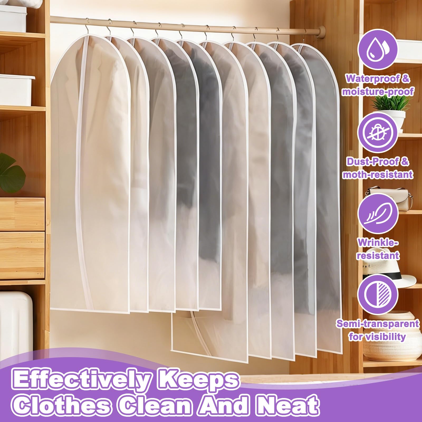 12 Fundas Ropa Armario Colgar con Cremallera, Bolsas Almacenaje Ropa Transparente 60x120/100cm, Funda Traje Bolsa Guardar Portatrajes Antipolvo Impermeable para Trajes Vestidos Camisas Noche Viajes