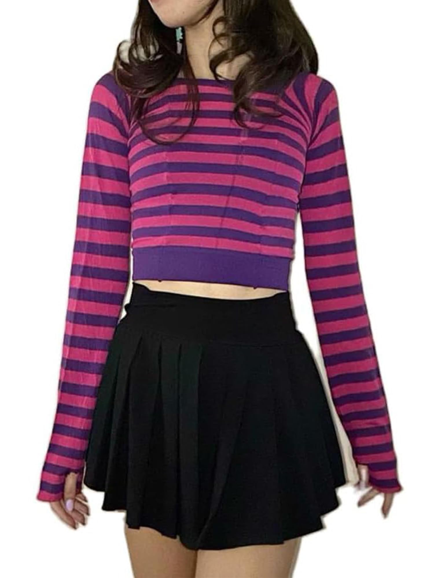 Svuitmsl Women Stripe Long Sleeve Crop Tops Y2k Graphic Print Vintage Fairy Grunge T Shirt Slim Fit Tops Halloween Costumes (A-Purple, M)