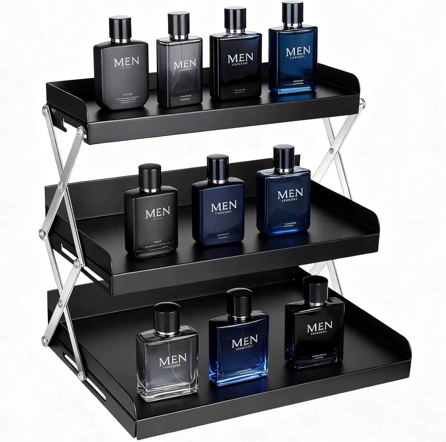 Cologne Organizer for Men - 3 Tier Perfume Display Holder, Foldable Adjustable Height Mens Perfume Organizer Shelf Stand, Black Gift for Men