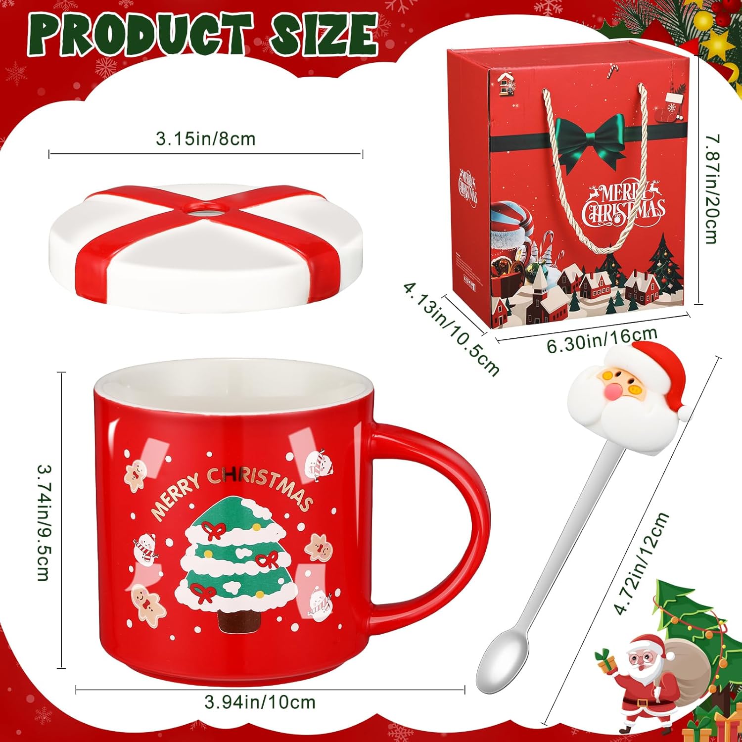Christmas Mugs with Lid and Spoon Porcelain Christmas Coffee Mugs Cute Ceramic Santa Tea Cups with Gift Box for Women Men Home Winter Holiday Birthday Kitchen Drinkware (Red,Lovely Style) - Image 3