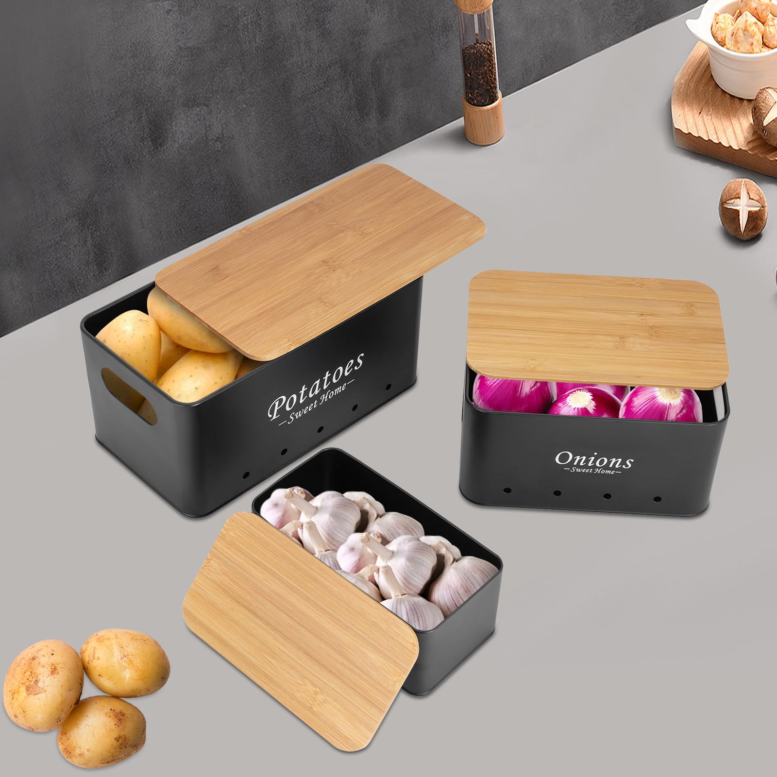 Kartoffel Aufbewahrungsbox 3er Set, Aufbewahrungsbox Küche für Zwiebeln/Kartoffeln/Knoblauch, Aufbewahrung Küche mit Belüftungslöchern, 3 Größen, Schwarz