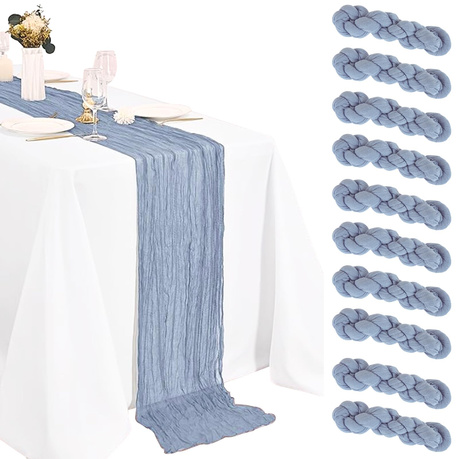 Photo 1 of 10 Pack Dusty Blue Cheesecloth Table Runner 10FT Boho Gauze Fabric Cheese Cloth Table Runners for Wedding ,Party,Baby Shower, Bridal Party, Rustic Farmhouse and Table Decorations