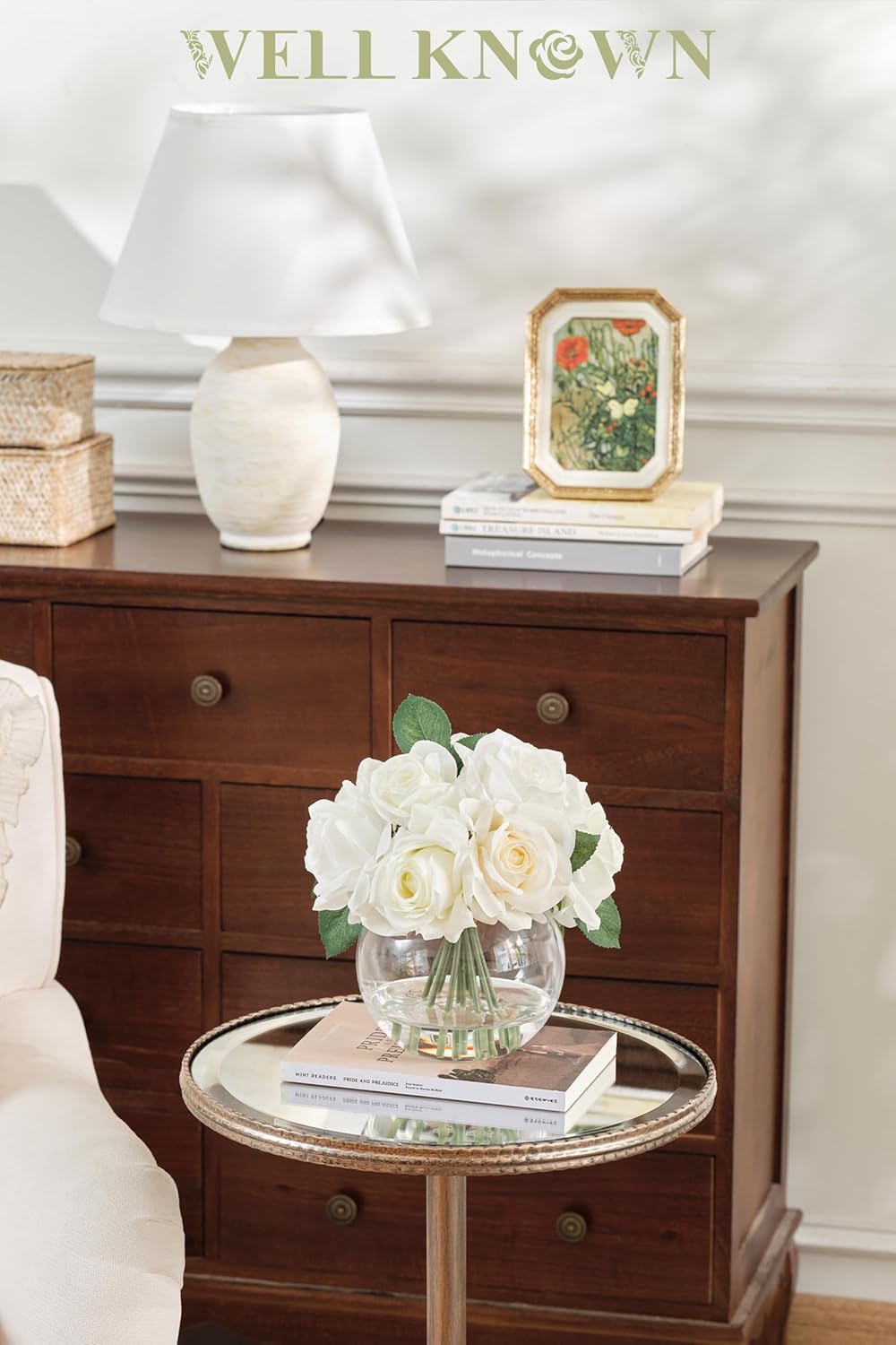 WELL KNOWN Artificial Flowers with Vase, Silk Rose Artificial Flowers Table Centerpieces with Faux Water for Home Decoration Fake Roses Flower Arrangements for Table Decor (White&Green) - Image 3